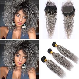 Ombre Silver Grey Indian Kinky Curly Human Hair Weave Bundles with Lace Closure Piece 4x4 Dark Root #1B/Grey Ombre Virgin Hair Wefts