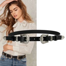 Retro double head belt simple genuine leather belt Korean version of silver needle buckle women's casual belt