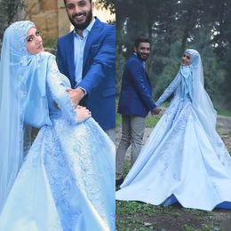 Newest Saudi Arabia Prom Dresses High Collar Top Quality Lace Appliques Muslim Evening Dress Long Sleeve Satin Formal Part Gowns