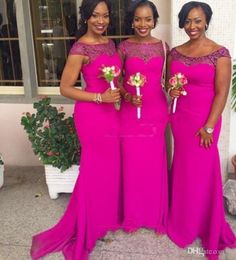 Vintage Fuchsia Long Mermaid Bridesmaid Dress Sheer Neck Cheap African Maid of Honor Gowns Hot Pink Wedding Guest Dresses mm06