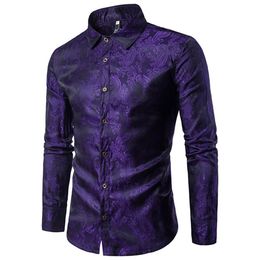 Noble Style Embroidered Printed Man Shirt Gentleman Party Wear Tops Long Sleeve England Men Vintage Blouse Fashion Golden Color