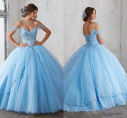 Sky luz azul vestido de baile Vestidos Quinceanera 2018 mangas Spaghetti Beading Cristal Princesa Prom Party Dresses para Sweet 16 meninas