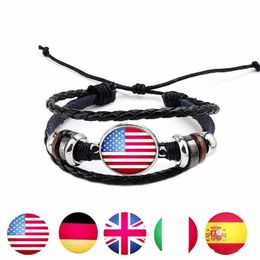 World Cup National Flags Charm leather Bracelet Bangles Handmade Football Sport Bracelet Country Flag Fans Rope Beaded Wristband