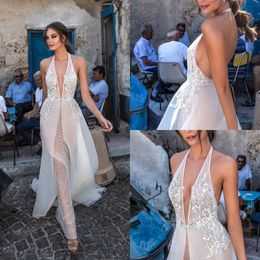 sexy halter deep v neck backless wedding dresses berta overskirts lace appliqued bridal gowns custom made wedding dress