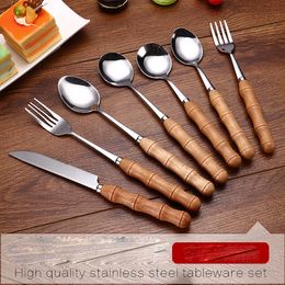 Wood Handle Cutlery Stainless Steel Food Silverware Dinnerware Utensil Silver Color Spoon Fork Knife Tea Spoon