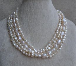 Perfect Pearl Jewellery,4rows White Colour Baroque Natural Freshwater Pearl Necklace 6-12mm 18inches Statement Necklace