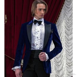 New Arrivals One Button Blue Velvet Groom Tuxedos Peak Lapel Groomsmen Best Man Blazer Mens Wedding Suits (Jacket+Pants+Tie) D:331