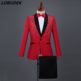 Blue Red White Black slim Men's Suits Shining Rhinestones suit Adult performance clothes Chorus Bar Singer Host Wedding Master Stage Costume