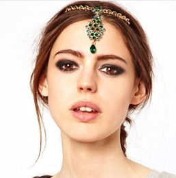 Bride Hair Pin Green Crystal Rhinestone Head Chain Wedding Headpiece Indian Forehead Hair Jewellery For Women