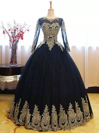 2018 New Black Gold Lace Quinceanera Dresses Plus Size Sheer Long Sleeves Corset Back Tulle Sweet 16 Party Evening Ball Gown Prom Dress Q53