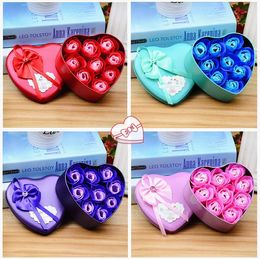 3 Sizes Heart Shape Metal Box Handmade Rose Simulation Soap Rose Flower Romantic Soap Flower Valentines Day Birthday Party Gifts SN450