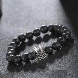 Micro zircon Black King Crown Charm Bracelet Men Lava Stone Bead Bracelets For Men Women Free shipping