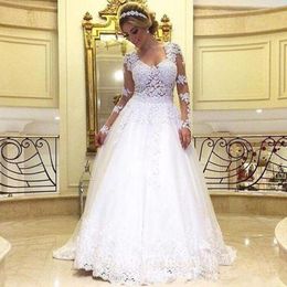 Chic A-line Illusion Long Sleeves Wedding Dresses Scoop Neck Lace Appliques Tulle Bridal Gowns Sweep Train Wedding Dress