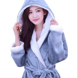 Autumn Winter Fleece Soft Bathrobe With Hood Ladies Robes Nightgown Home Clothes Warm Bath Robe Dressing Gowns For Women Men