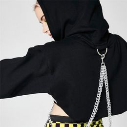 NCLAGEN 2018 New Women Autumn Sexy Chain Hoodie Navel Bare Cropped Tops Sweatshirt Long Sleeve Fashion Black Hooded Hoodies D18103001