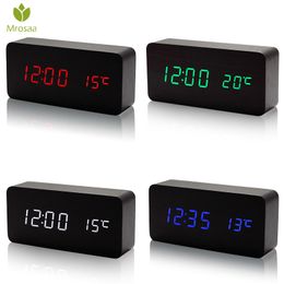 Mrosaa Wooden LED Alarm Clocks Temperature Electronic Clock Sounds Control Digital LED Display Desktop Calendar Table clock