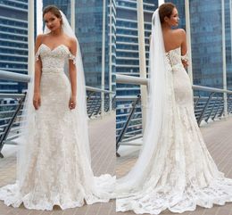 Modest Lace Mermaid Wedding Dresses 2018 Off Shoulder Applique Beach Beho Sweetheart Sashes Pearls Corset Plus Size Bridal Gowns Custom Made