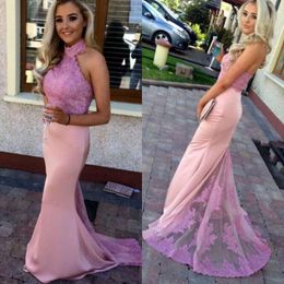 Elegant Fitted Prom Dresses High Neck Halter Sleeveless Lace Appliques Blush Pink Mermaid Evening Party Gowns Formal Dress with Sheer Train