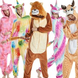 Adult's Flannel Kigurumi Tiger Unicorn Lion Sika Deer Fox Pajamas Unisex Onesie Costume for Halloween Carnival New Year Party