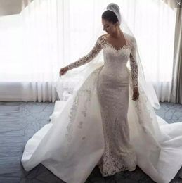 Sexy Lace Mermaid Wedding Dresses Sheer Neck Long Sleeves Appliques Wedding Dresses With Detachable Train Bridal Gowns