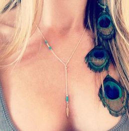 Hot style European and American Bohemian style vintage hand-made beaded turquoise stylish simple metal feather tassel short necklace classic