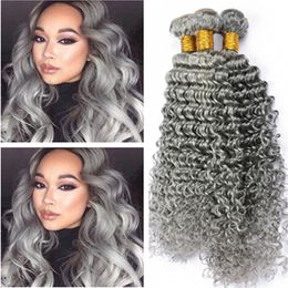Deep Wave Peruvian Human Hair Silver Grey Weaves 4Pcs Deep Wavy Wefts Extensions Grey Colored Virgin Human Hair Bundles Deals