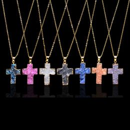 New natural stone Cross Pendant Necklace crystal Healing Point Chakra Gemstone Druzy crucifix Charm chain For women Fashion Jewellery