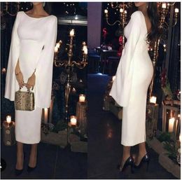 Eşsiz Tasarım Beyaz Saten Gece Elbise Cape Çay Uzunluğu Kısa Sırtsız Resmi Akşam Elbise Kokteyl Prom Partisi Dress283E
