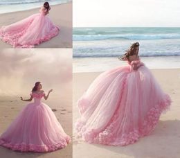 Puffy 2022 Pink Quinceanera Dresses Princess Cinderella Long Ball Gown Sweet 16 Year Girls Prom Evening Dress Off Shoulder 3D Flower