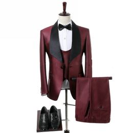 Custom Design Burgundy Men Wedding Tuxedos Black Shawl Lapel Side Vent Groom Tuxedos High Quality Men 3 Piece Suit(Jacket+Pants+Tie+Vest)266
