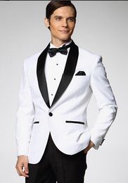 Best Design White 2 Piece Suit Men Wedding Tuxdos Excellent Groom Tuxedos With Black Shawl Lapel Men Blazer(Jacket+Pants+Tie+Girdle) 1288