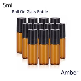 Portable 50pcs/lot 5ml(1/6 oz) MINI ROLL ON bottle fragrance PERFUME GLASS BOTTLES ESSENTIAL OIL Steel Metal Roller ball(Amber)