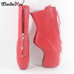 Wonderheel extreme high heel 7" wedges heel YKK locked zipper red matte sexy fetish lace up curved heel ankle ballet boots