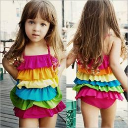 Children girls Candy colors rainbow Swimwear 2018 summer Cake layered Bikini Kids Six layers Flounced Swimsuit C3873