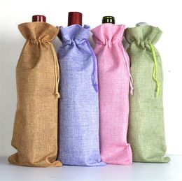 Jute Wine Bottle Bags 16cmX36cm Champagne Covers Linen Drawstring Christmas Wedding Party Gift Pouches Packaging lin3491