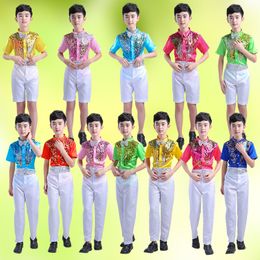 110-170cm 2PCs Children Performance Latin Dance Costumes 7colors Boys Sequin Bow Tie T-shirt Trousers Shorts Girls Clothing Set