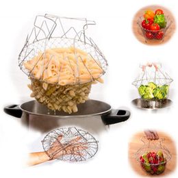 chef basket Collapsible Colander Mesh Basket Steam Rinse Strainer Stainless Steel Filter Kitchen Sieve Fry French Cooking Tools c592