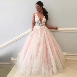 Blush Pink Wedding Dress Deep V Neck Sleeveless Beaded Lace Appliqued See Through Bodice Tulle Bridal Gowns Custom Colors Floor Length