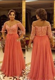 Elegant Coral Plus size Special Occasion Dress V neck Lace Applique Illusion Half Sleeves Beaded Cheap Evening Prom Dresses Gowns