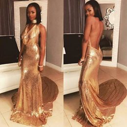 Backless Golden Sequins Prom Dresses Sexy High Neck Sleeveless Long Prom Dress Party Gowns Glamorous Sweep Train Cocktail Dress Evening Gown