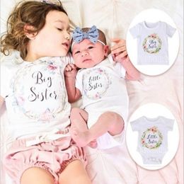 fashion new trendy newborn kids baby white matching clothes print short sleeve big sisiter tshirts outfits set little sisiter romper jumpsu