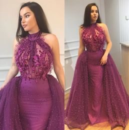 Amazing Pearls Mermaid Evening Dresses Beaded Halter Neck Overskirt Prom Gowns Floor Length Appliqued Plus Size Tulle Formal Dress