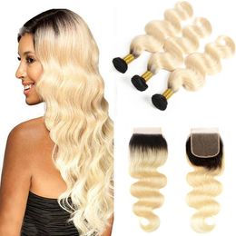 1B/613# Dark Root Honey Blonde Body Wave Ombre Human Hair Weave Bundles with Lace Closure Cheap Brazilian Virgin Human Hair Extensions