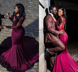 Burgundy Prom Dresses 2018 African See through Black Lace Appliques Beaded Open Back Long Sleeves Mermaid Plus Size Evening Wear Party Gowns