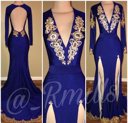 2019 Backless Deep V-Neck Long Sleeves Prom Dress Mermaid Formal Holidays Wear Graduation Evening Party Gown Custom Made Plus Size