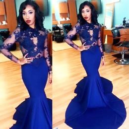 Sexual Royal Blue Elastic Prom Dresses Evening Gowns Mermaid Sheer Elastic Appliques Black Girl Homecoming Long Maxi Dress See-through Gown