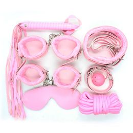 Pink 7pc Bondage Sex Kit Rope Gag Ball Cuff Whip Collar Mask Fetish