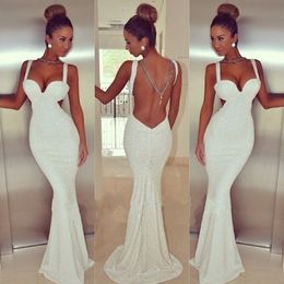 Simple White Backless Mermaid Prom Dresses Sexy Sweetheart Long Floor Length Shining Sequin Evening Dresses Formal Gowns Fast Shipping 85