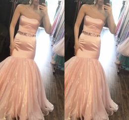 2019 Blush Strapless Formal Dresses Evening Crystal Sash Ruffle Skirt Open Back Prom Dress Evening Gowns Dresses Evening Wear Custom Made