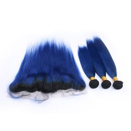 Dark Root #1B/Blue Ombre Brazilian Human Hair Weave Bundles Silky Straight Double Weft with Ombre Dark Blue Full Frontal 13x4 Lace Closure